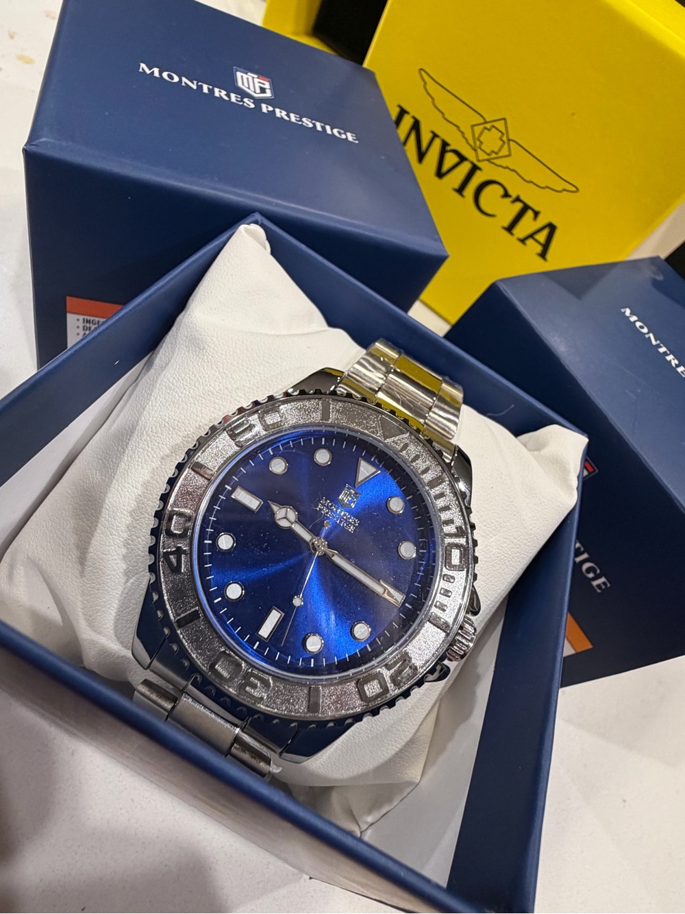 Men's Silver Stainless Steel Watch with Blue Dial